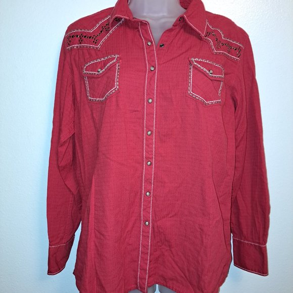 Ariat Tops - Ariat Embroidered Stitch Accent Snap Button Western Fitted Red Shirt Sz XL